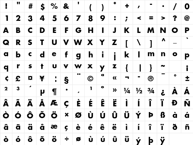 Futura Std Bold  glyph index