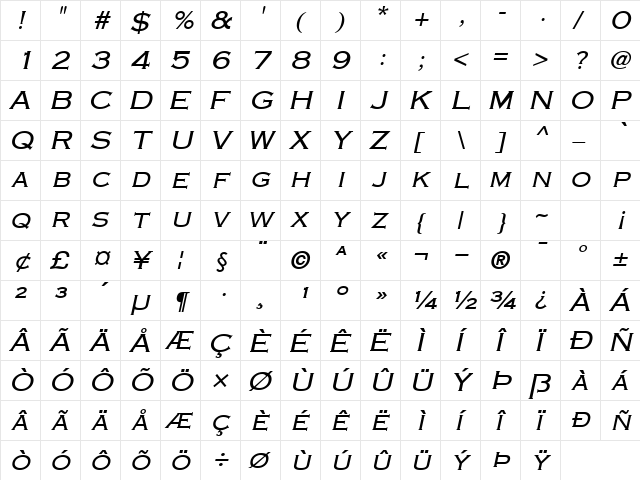 Engraver Italic  glyph index