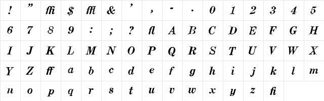 Matchwood Bold Italic WF Regular  glyph index