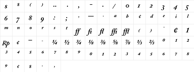 Adobe Caslon Bold Italic Expert  glyph index