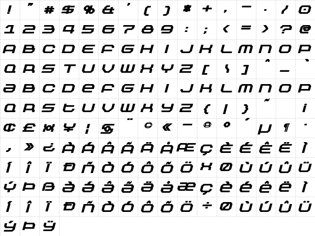 Outland Black Italic  glyph index