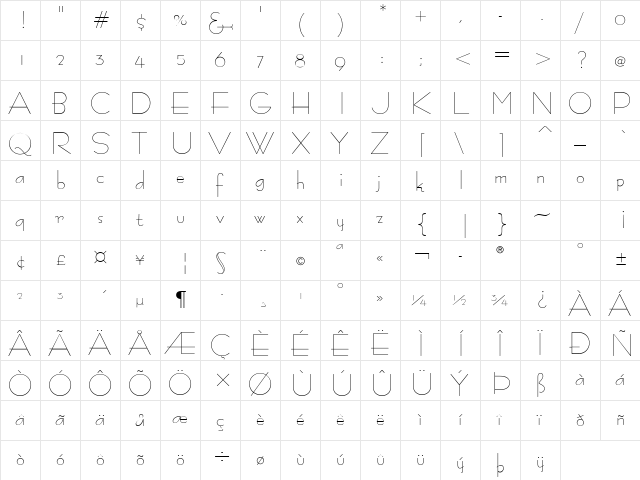 Bernardo Moda Regular  glyph index