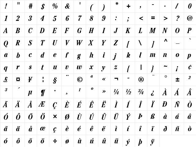 ITCCheltenham LT BookCond Bold Italic  glyph index