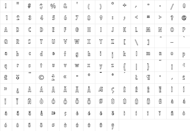 SpartanCondOutline Regular  glyph index