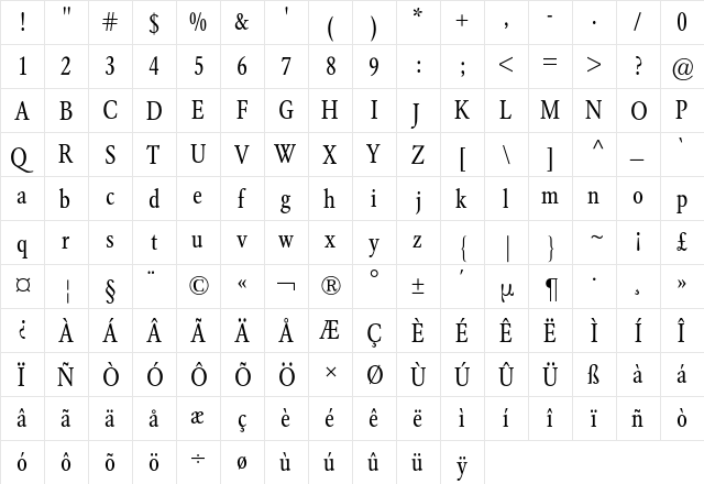 GaramondCondensedBQ Regular  glyph index