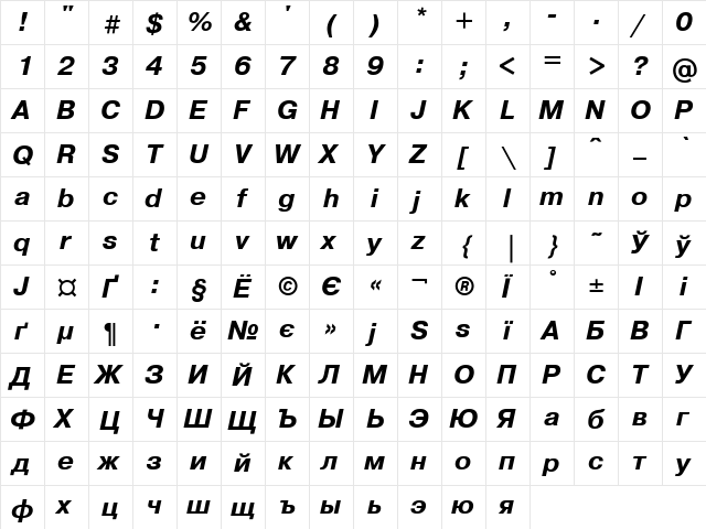 Pragmatica BoldItalic Cyrillic  glyph index