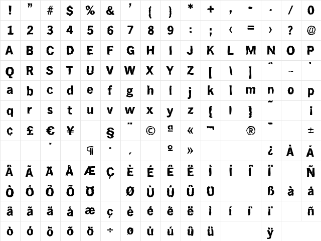 HamburgRandom-Xbold Regular  glyph index