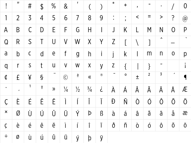 Gotham XNarrow Book  glyph index