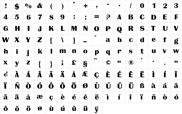 Britannic BQ Regular  glyph index