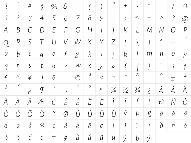 Luna Light Italic  glyph index