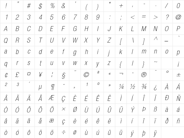 Helvetica Neue LT Pro 37 Thin Condensed Oblique  glyph index