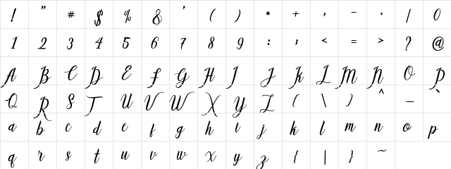 Callisa Script Regular  glyph index