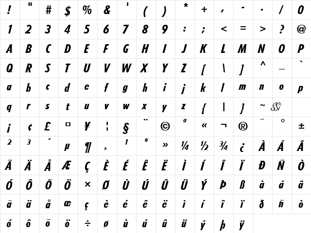 Arche Black Condensed SSi Black Condensed Italic  glyph index