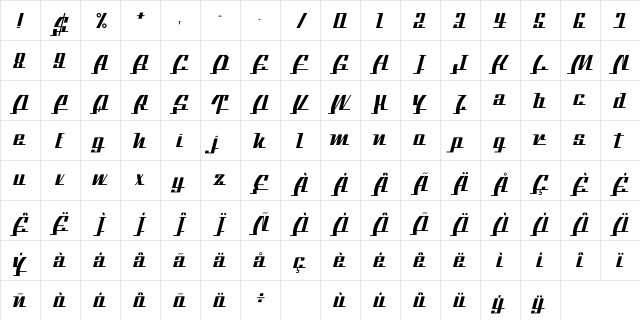 BTX The Bee Line Regular  glyph index