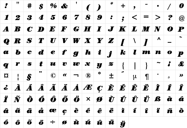 Century ITC BQ Regular  glyph index