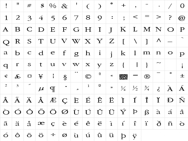 GarnetBroad Regular  glyph index