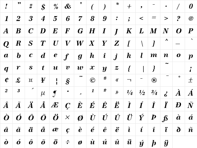 URWAntiquaT Bold Italic  glyph index