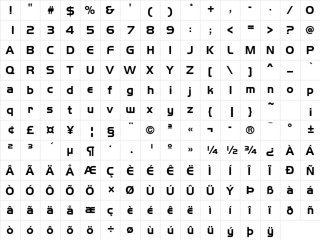 HandelGothic Regular  glyph index