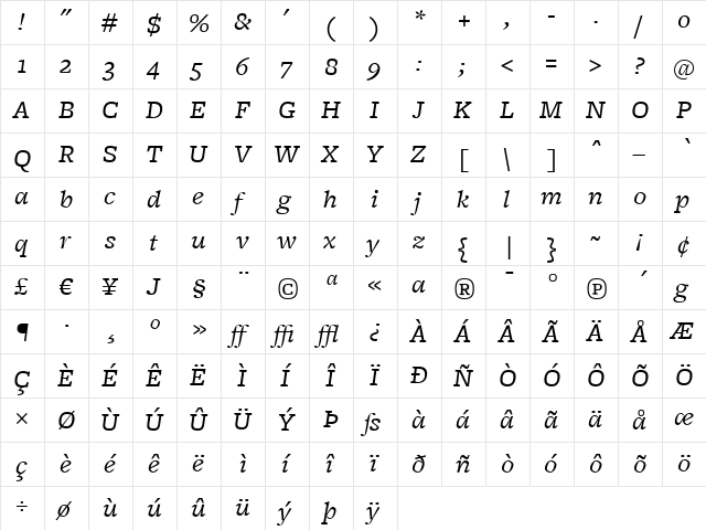 FreightMicro BookItalic  glyph index