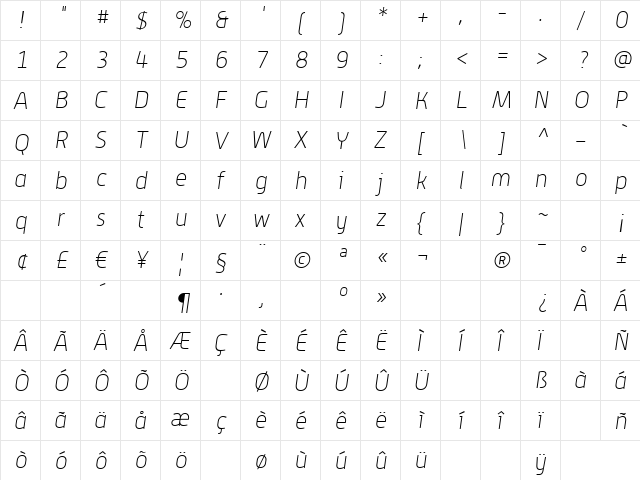 Alwyn ThinOblique  glyph index