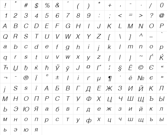 HeliosLight Regular  glyph index