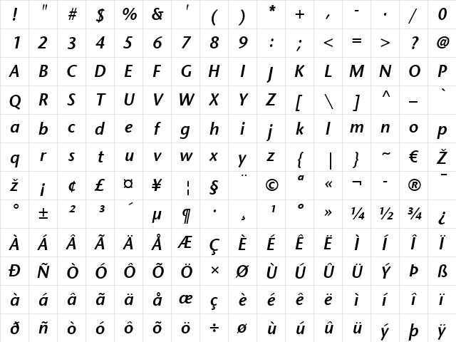 StoneSans LT Bold Italic  glyph index