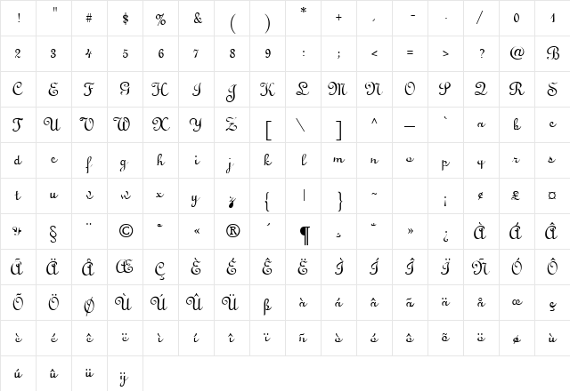 Linoscript Regular  glyph index