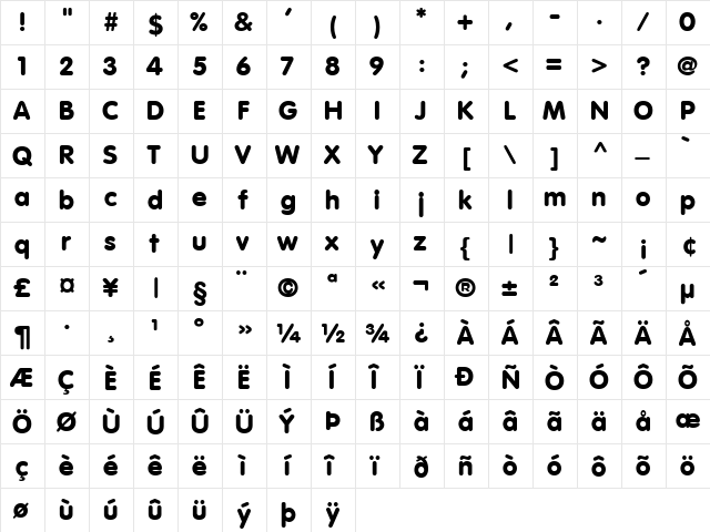 Vogue Bold  glyph index