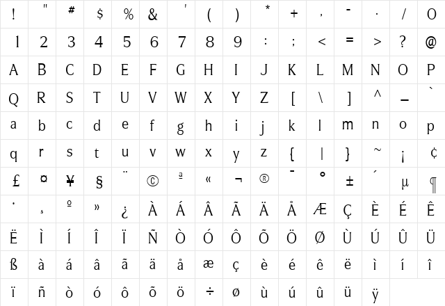 SilveradoLightCondensed Roman  glyph index
