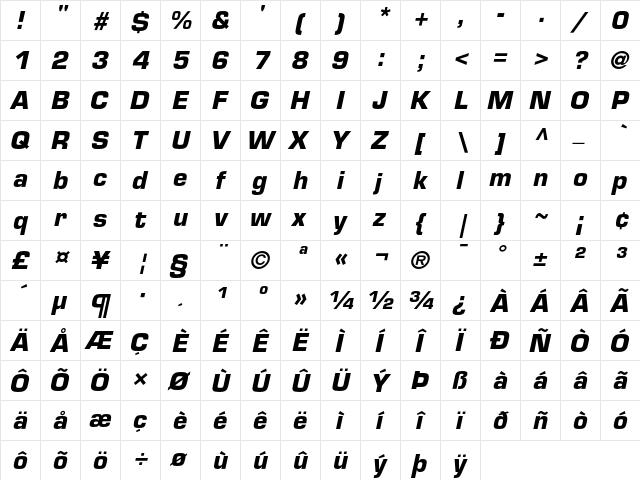 Eurostile Bold Oblique  glyph index