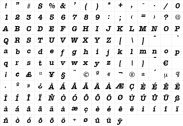 Typewriter-DemiBoldIta Regular  glyph index