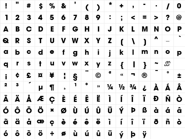 Trendex Black SSi Bold  glyph index