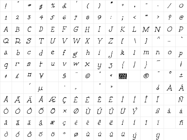 5thGrader Italic  glyph index