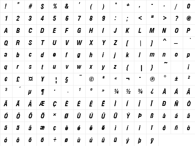 Nimbus Sans Becker PCon Bold Italic  glyph index