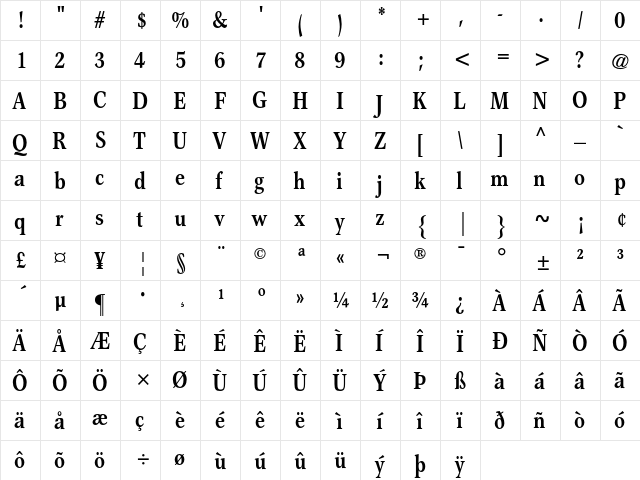 Garth Graphic AT Cond Bold  glyph index