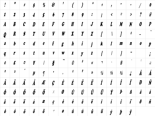 Cupid Condensed Italic  glyph index