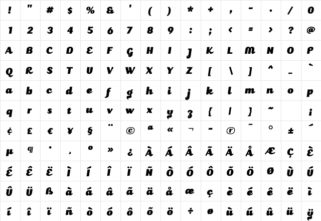 JuicyBlack Italic Regular  glyph index