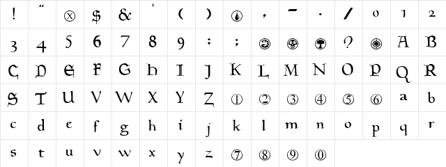 Magic:the Gathering Regular  glyph index