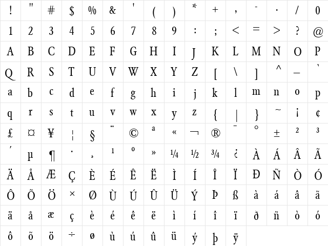 Garamond BE Regular  glyph index