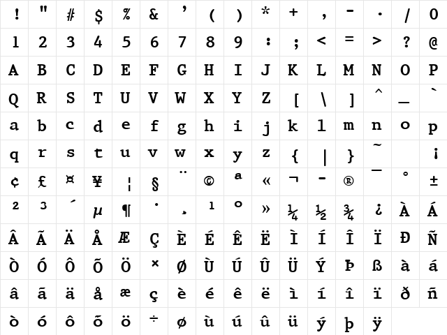 Prestige Bold  glyph index