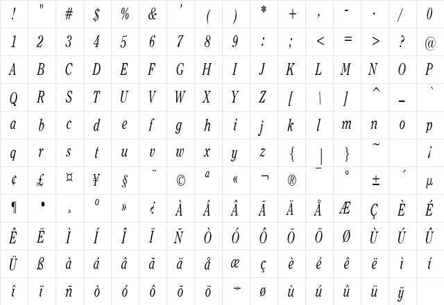OxfordCondensed Italic  glyph index
