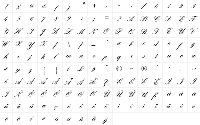 Englische Schreibschrift 2 BQ Regular  glyph index