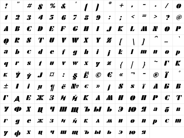 FuturaEugenia Italic  glyph index