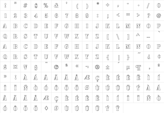 Army Hollow Condensed Regular  glyph index