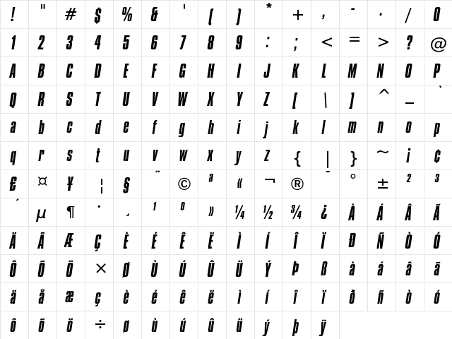 Compacta Italic  glyph index