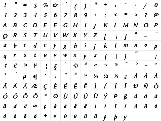 LegacySansEF BoldItalic  glyph index