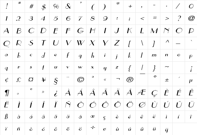 Paris Wide Italic  glyph index
