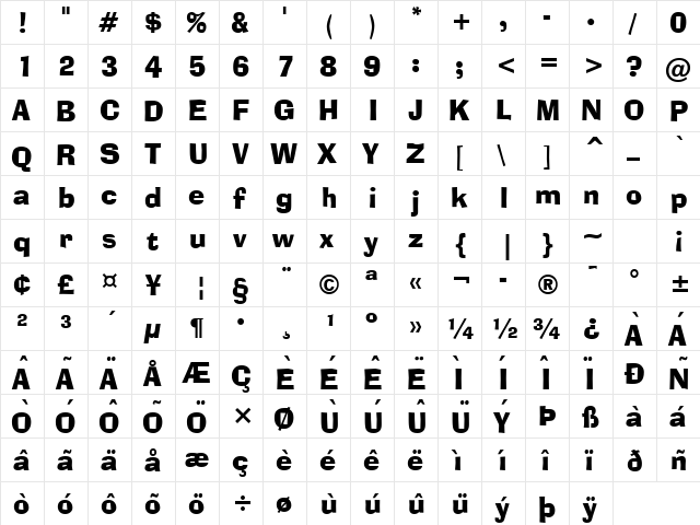 Cartoonist Normal  glyph index