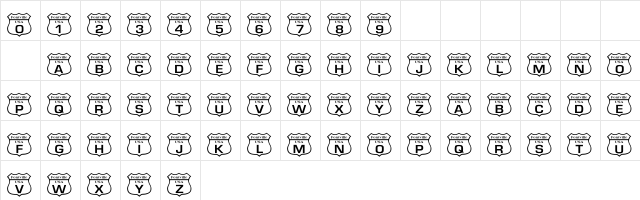 101! Route to Fontville Regular  glyph index
