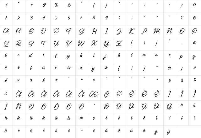 Casira Script Regular  glyph index